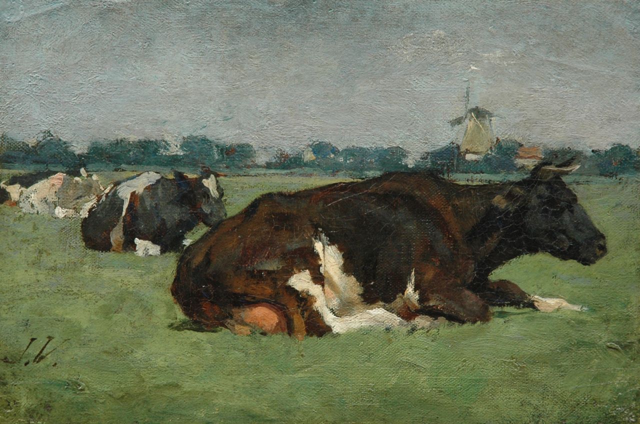 Voerman sr. J.  | Jan Voerman sr., Cows in a meadow, oil on canvas laid down on panel 18.9 x 28.1 cm, signed l.l. with initials
