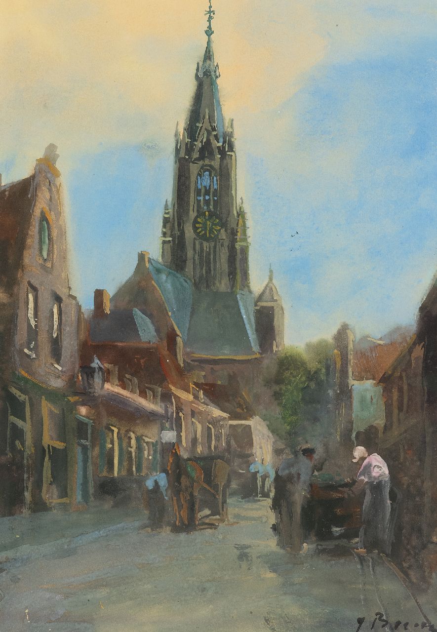 Beertz  J. | J. J. Beertz | Watercolours and drawings offered for sale | A town view with the Nieuwe Kerk of Delft, watercolour on paper 38.3 x 26.6 cm, signed l.r.