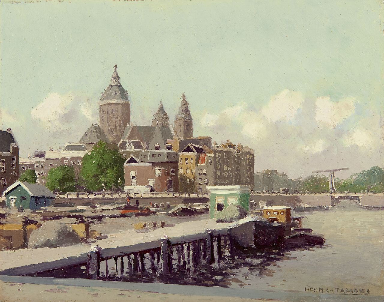 Paradies H.C.A.  | Herman Cornelis Adolf Paradies, The Oosterdok in Amsterdam with the Schreierstoren and St. Nicolaaskerk, oil on painter's board 23.6 x 29.7 cm, signed l.r.