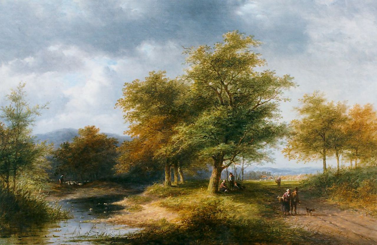Morel II J.E.  | Jan Evert Morel II, Travellers in a wooded landscape, oil on canvas 43.8 x 67.3 cm, signed l.r.