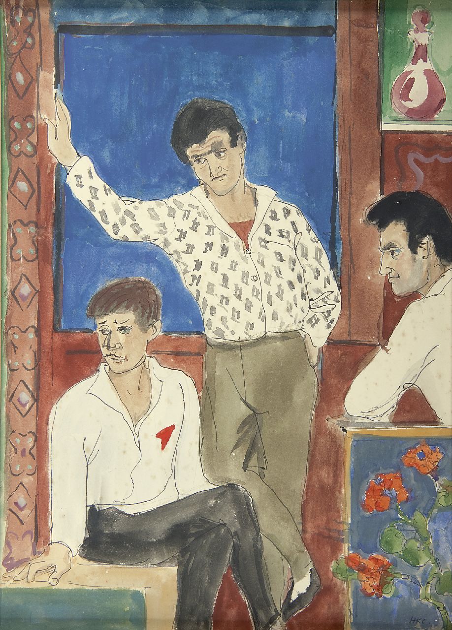 Kamerlingh Onnes H.H.  | 'Harm' Henrick Kamerlingh Onnes, Three friends, watercolour on paper 35.5 x 25.0 cm, signed l.r. with monogramme