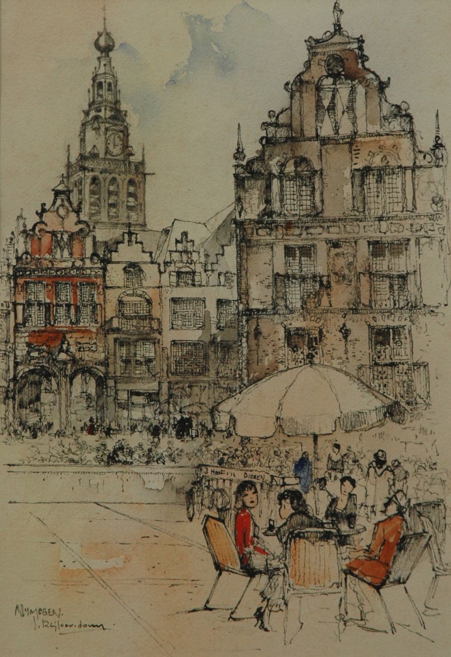 Rijlaarsdam J.  | Jan Rijlaarsdam, A terrace on the Grote Markt, Nijmegen, pen and ink and watercolour on paper 25.2 x 17.7 cm, signed l.l.