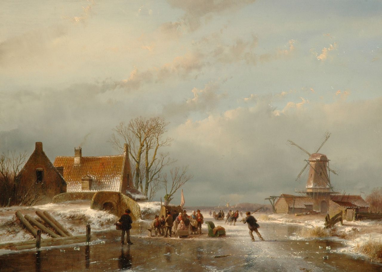 Schelfhout A.  | Andreas Schelfhout, Skaters on a Dutch waterway, oil on panel 33.6 x 46.0 cm, signed l.l. and dated '56