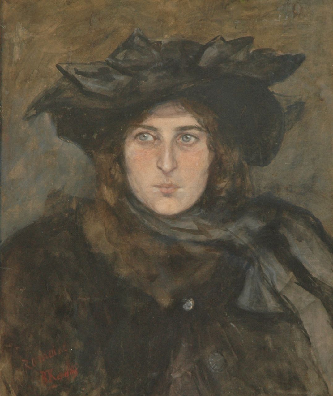 Repelius J.E.  | Johanna Elisabeth 'Betsy' Repelius, Lady with hat, chalk and watercolour on paper 57.4 x 47.5 cm, signed l.l.