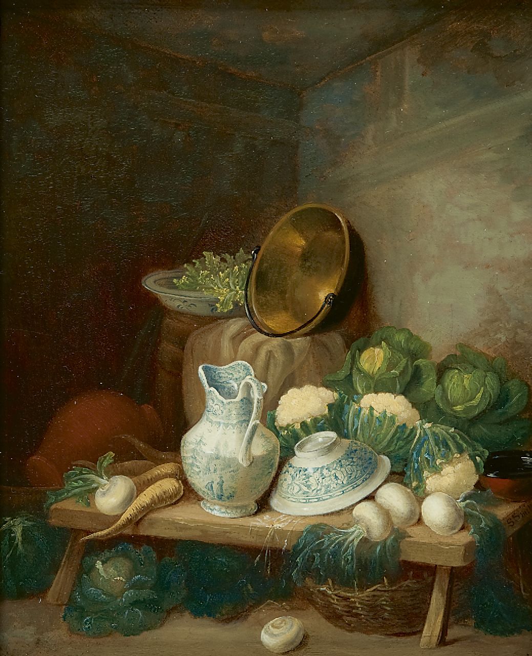 Samuel Smith | A kitchen still life, oil on painter's board, 21.7 x 17.9 cm, signed l.r. on the edge of table