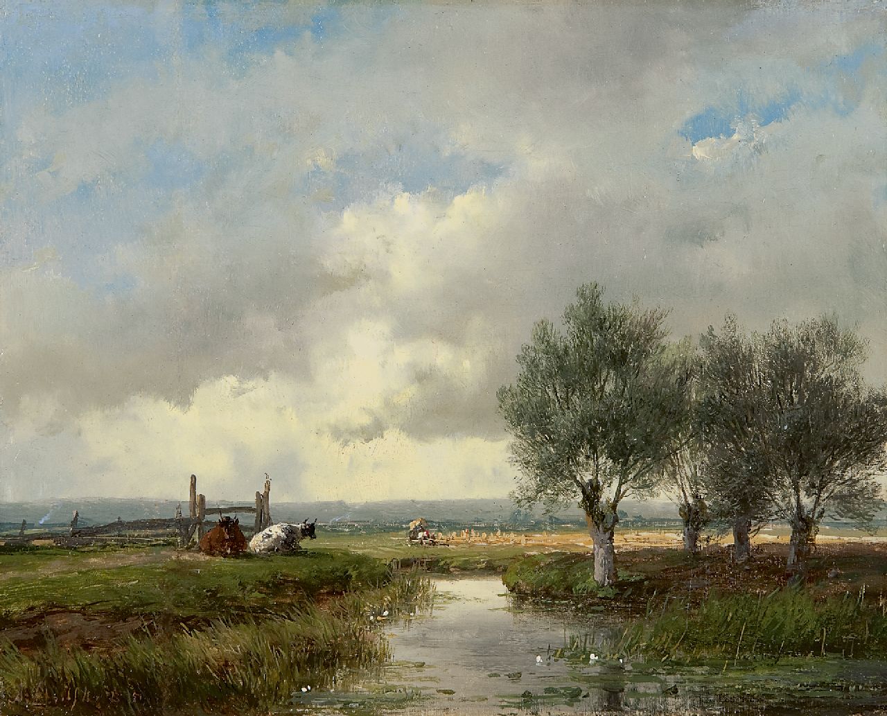 Schelfhout A.  | Andreas Schelfhout, A summer landscape with cattle and harvesting farmers, oil on panel 18.0 x 22.3 cm, signed l.l. and dated '51