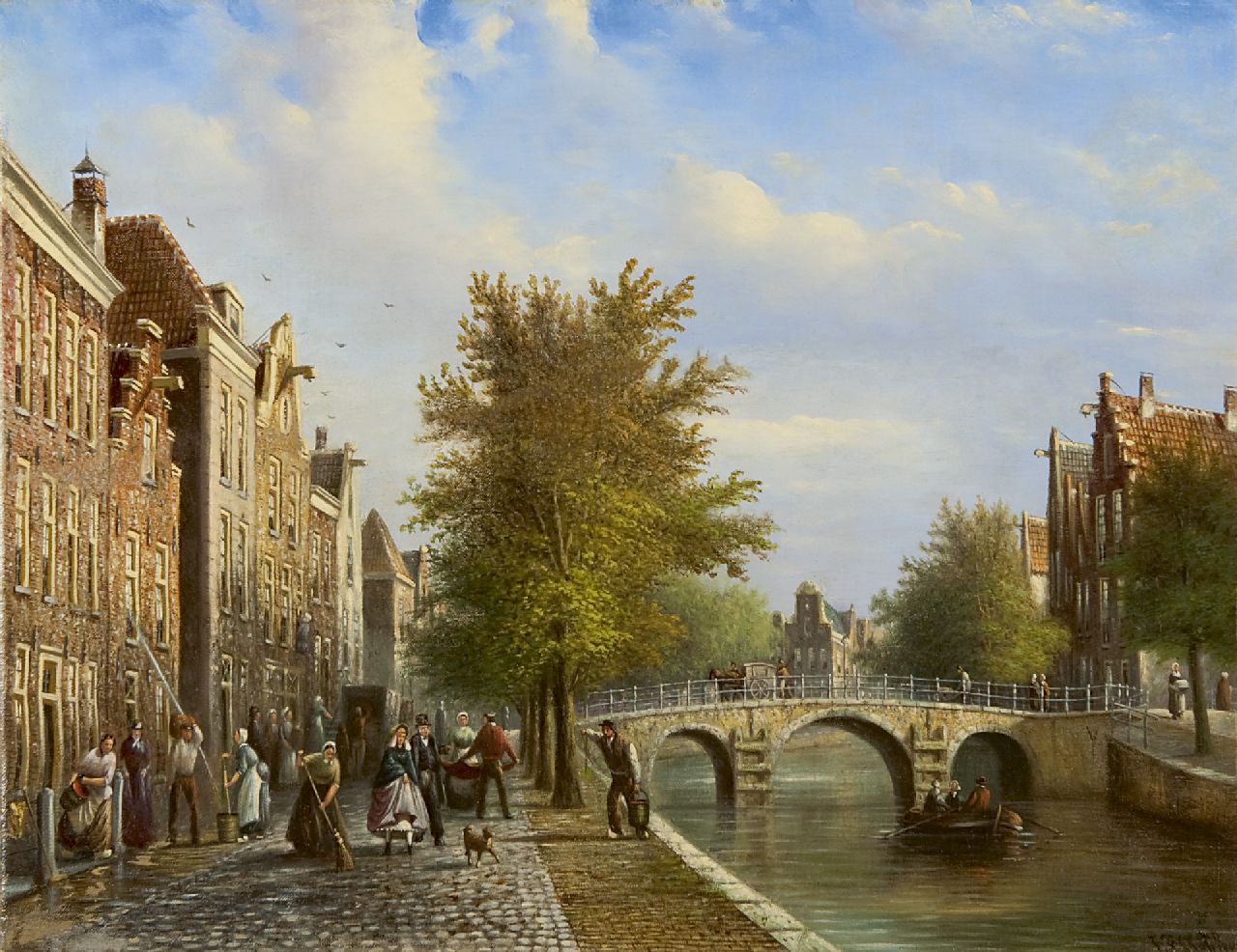 Spohler J.F.  | Johannes Franciscus Spohler, Daily cleaning along a Dutch canal, oil on canvas 35.0 x 45.2 cm, signed l.r.