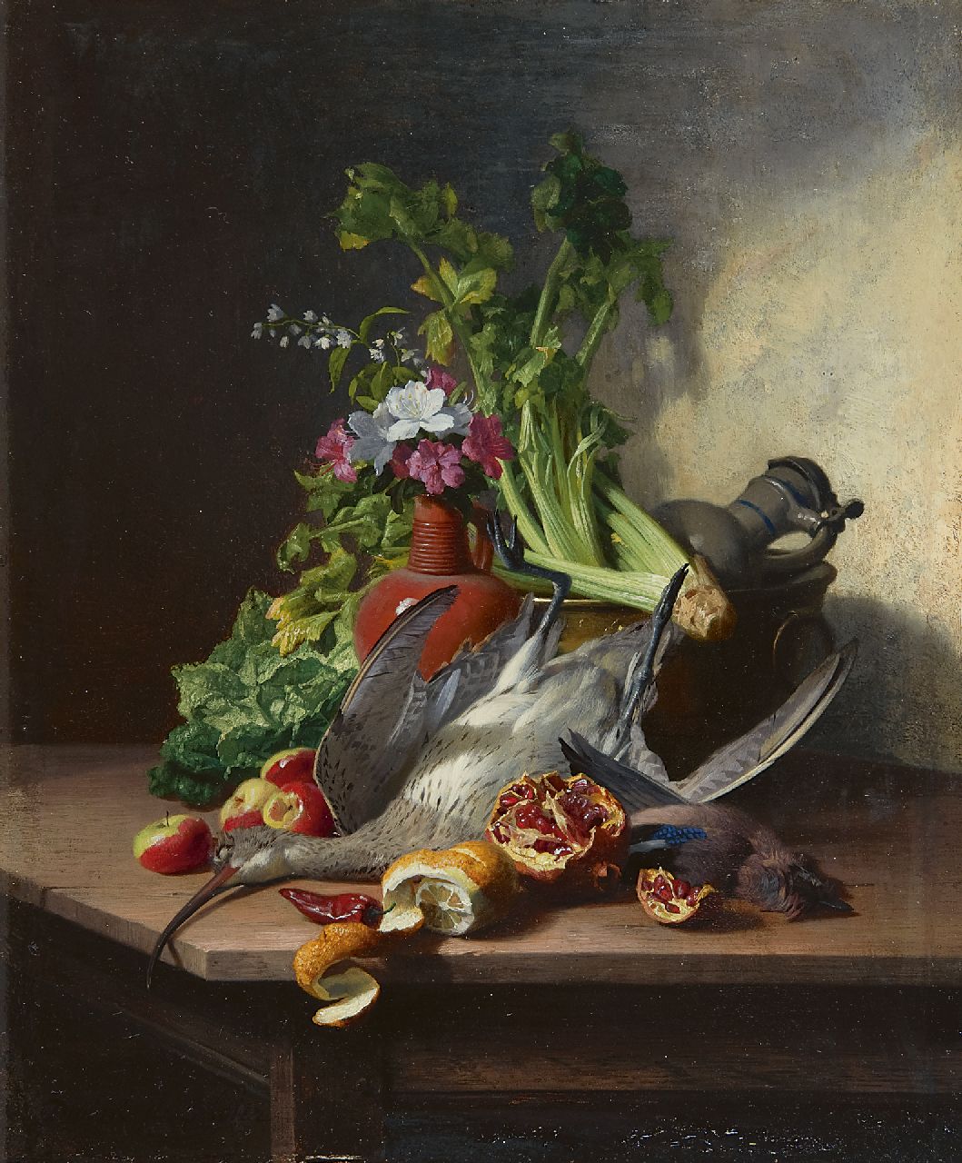 Noter D.E.J. de | 'David' Emile Joseph de Noter, A still life with a woodcock, a jay, vegetables, fruit, flowers and earthenware jugs, oil on panel 32.3 x 27.2 cm, signed l.l.