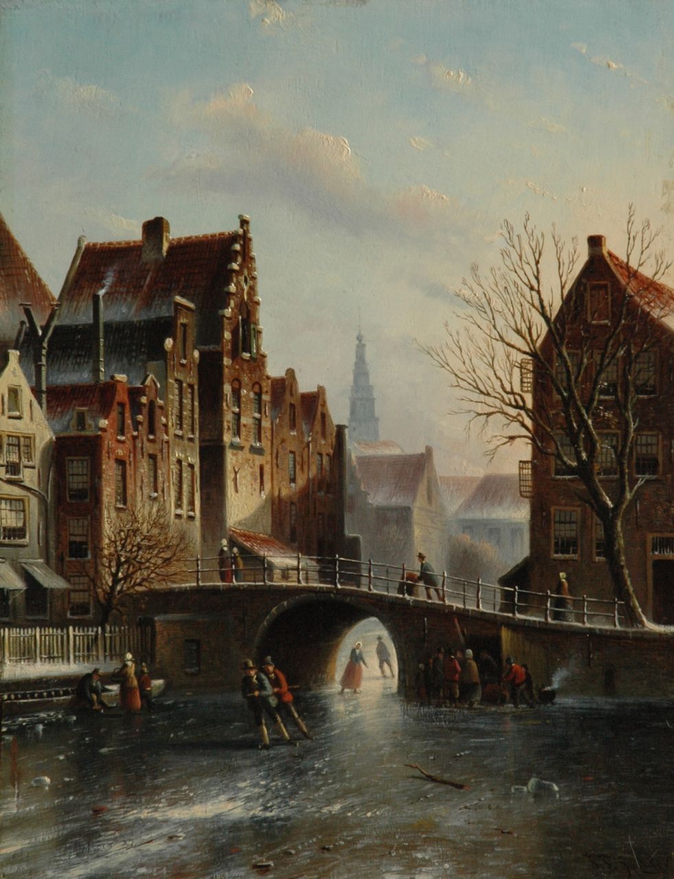 Spohler J.F.  | Johannes Franciscus Spohler, A town view in winter with the tower of the Amsterdam Zuiderkerk, oil on panel 39.1 x 30.3 cm, signed l.r.