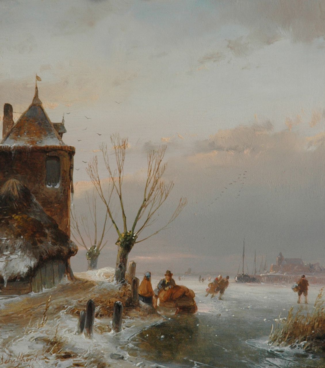 Schelfhout A.  | Andreas Schelfhout, Skaters near a fortified tower, oil on panel 18.6 x 16.6 cm, signed l.l. and dated '46