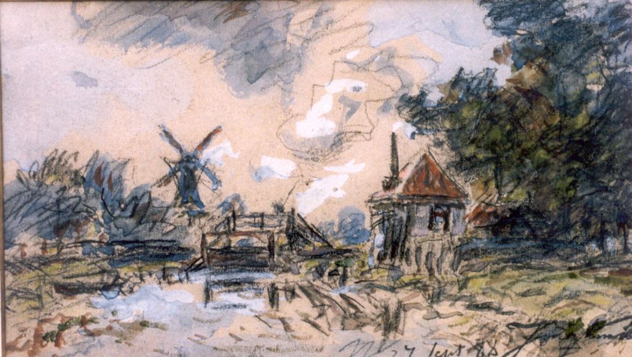 Jongkind J.B.  | Johan Barthold Jongkind, A polder landscape, watercolour on paper 11.0 x 19.0 cm, signed l.r. and dated '88