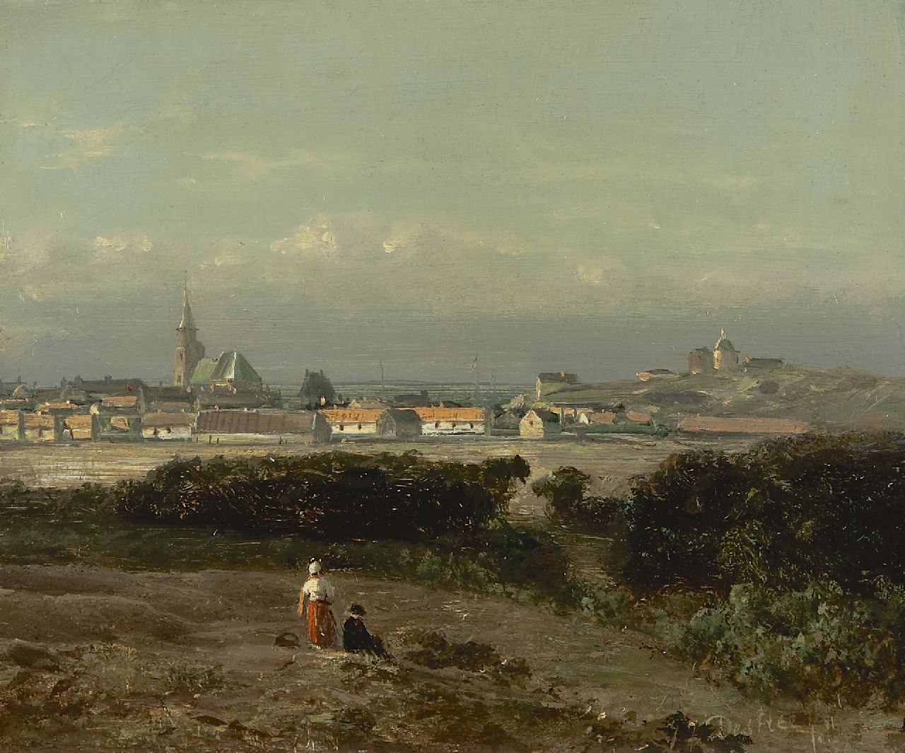 Destrée J.J.  | Johannes Josephus Destrée, A view of Scheveningen from the dunes, oil on panel 13.9 x 16.7 cm, signed l.r.