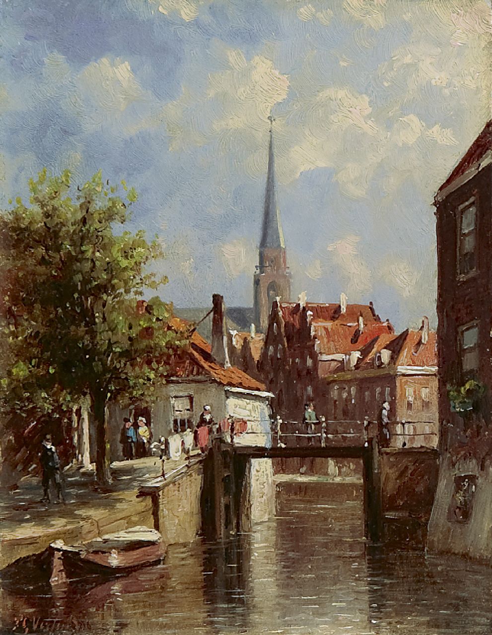 Vertin P.G.  | Petrus Gerardus Vertin, A view of the Romeijnbrug in Oudewater, oil on panel 14.7 x 11.4 cm, signed l.l. and dated '86