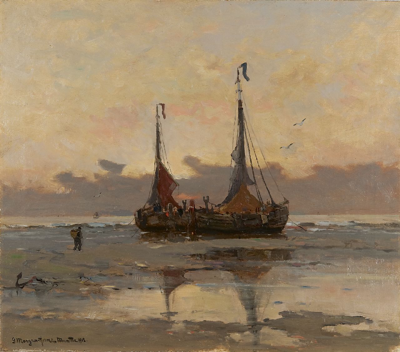 Munthe G.A.L.  | Gerhard Arij Ludwig 'Morgenstjerne' Munthe, Fishing boats at low tide, oil on canvas 55.3 x 63.3 cm, signed l.l. and dated 1912