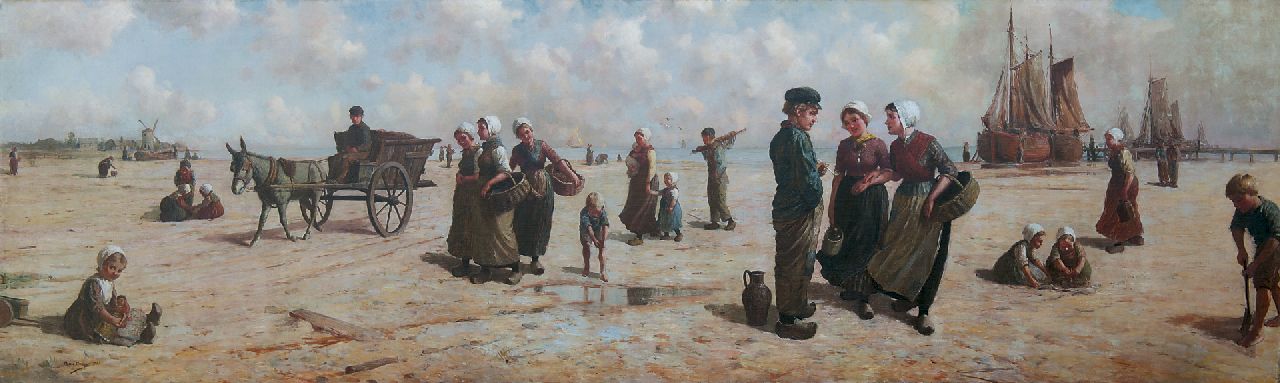 Henri Houben | Young fisherfolk on the beach, oil on canvas, 92.0 x 305.0 cm, signed l.l. and dated 1907