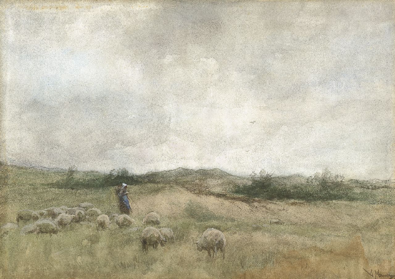 Mauve A.  | Anthonij 'Anton' Mauve, A shepherdess tending to her flock, watercolour on paper 25.7 x 36.3 cm, signed l.r.