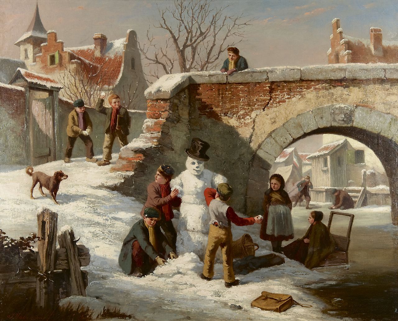 Walraven J.  | Jan Walraven, The snowman, oil on canvas laid down on board 72.3 x 90.2 cm, signed l.l.