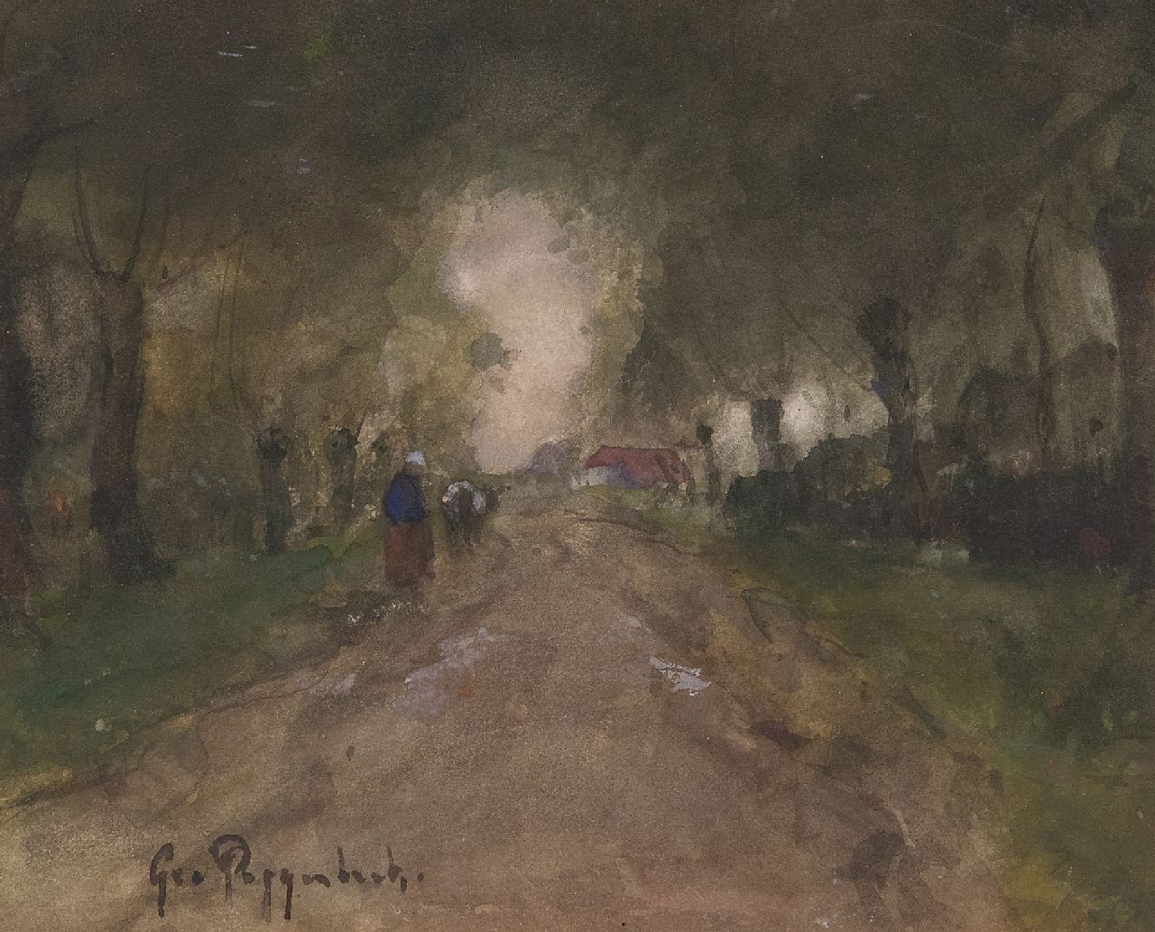 Poggenbeek G.J.H.  | George Jan Hendrik 'Geo' Poggenbeek | Watercolours and drawings offered for sale | Cowherd with cow on a country road, watercolour on paper 16.5 x 20.3 cm, signed l.l.