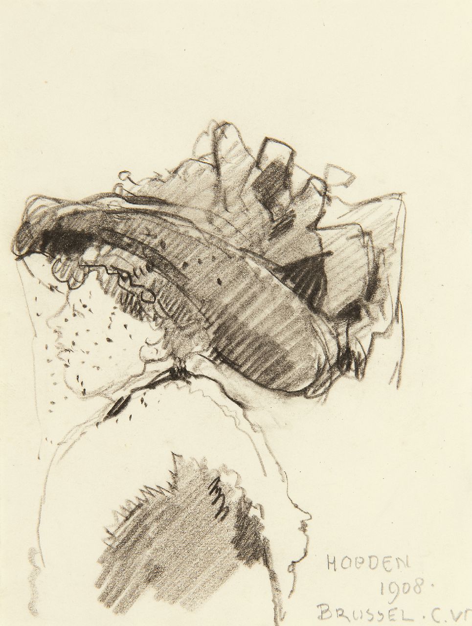 Vreedenburgh C.  | Cornelis Vreedenburgh | Watercolours and drawings offered for sale | The latest hat fashion in Brussels, 1908, black chalk on paper 13.2 x 10.2 cm, signed l.r. with initials and dated 1908