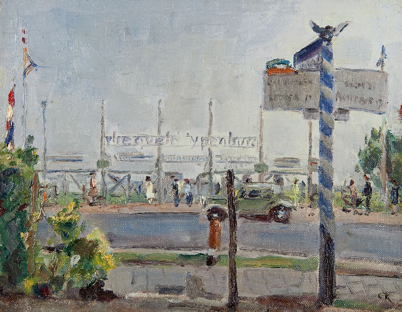 Hollandse School, begin 20e eeuw   | Hollandse School, begin 20e eeuw | Paintings offered for sale | The airport Ypenburg near Rijswijk, oil on canvas 24.4 x 30.2 cm, signed l.r. with initials     CK