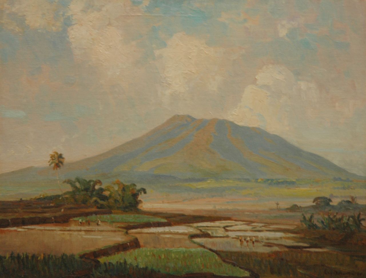 Dezentjé E.  | Ernest Dezentjé, Pickers in the ricefields near a vulcano, oil on canvas laid down on board 46.9 x 60.5 cm, signed l.r. and dated '28