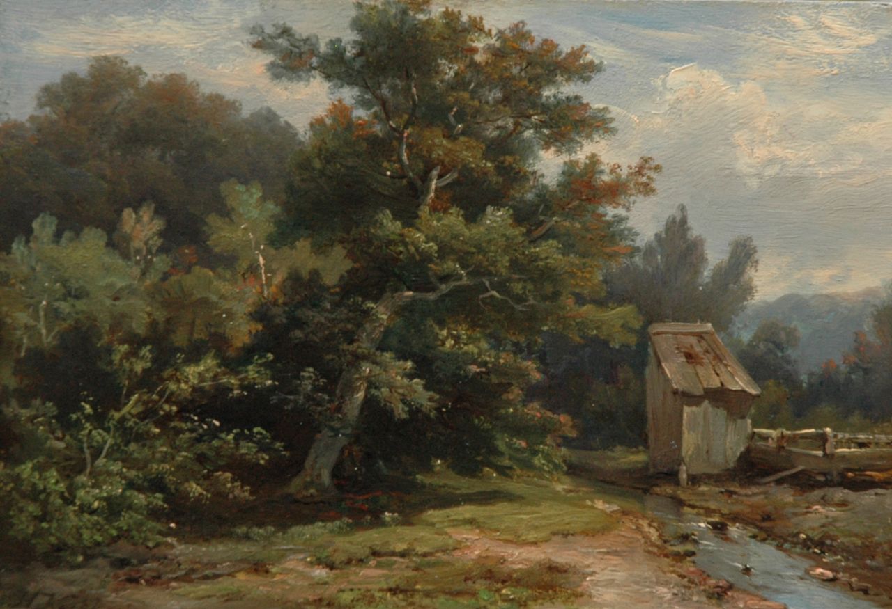 Koekkoek H.  | Hermanus Koekkoek, A wooded landscape with a stream and shed, oil on panel 14.1 x 20.1 cm, signed l.l.