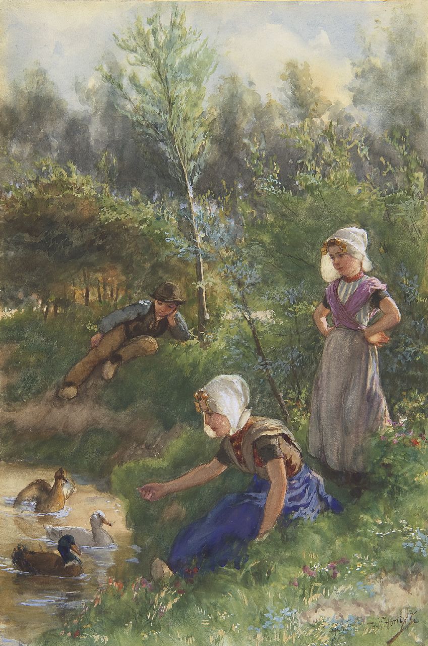 Horrix H.M.  | Hendrikus Matheus 'Mathieu' Horrix, Feeding the ducks, watercolour on paper 57.1 x 38.2 cm, signed l.r.