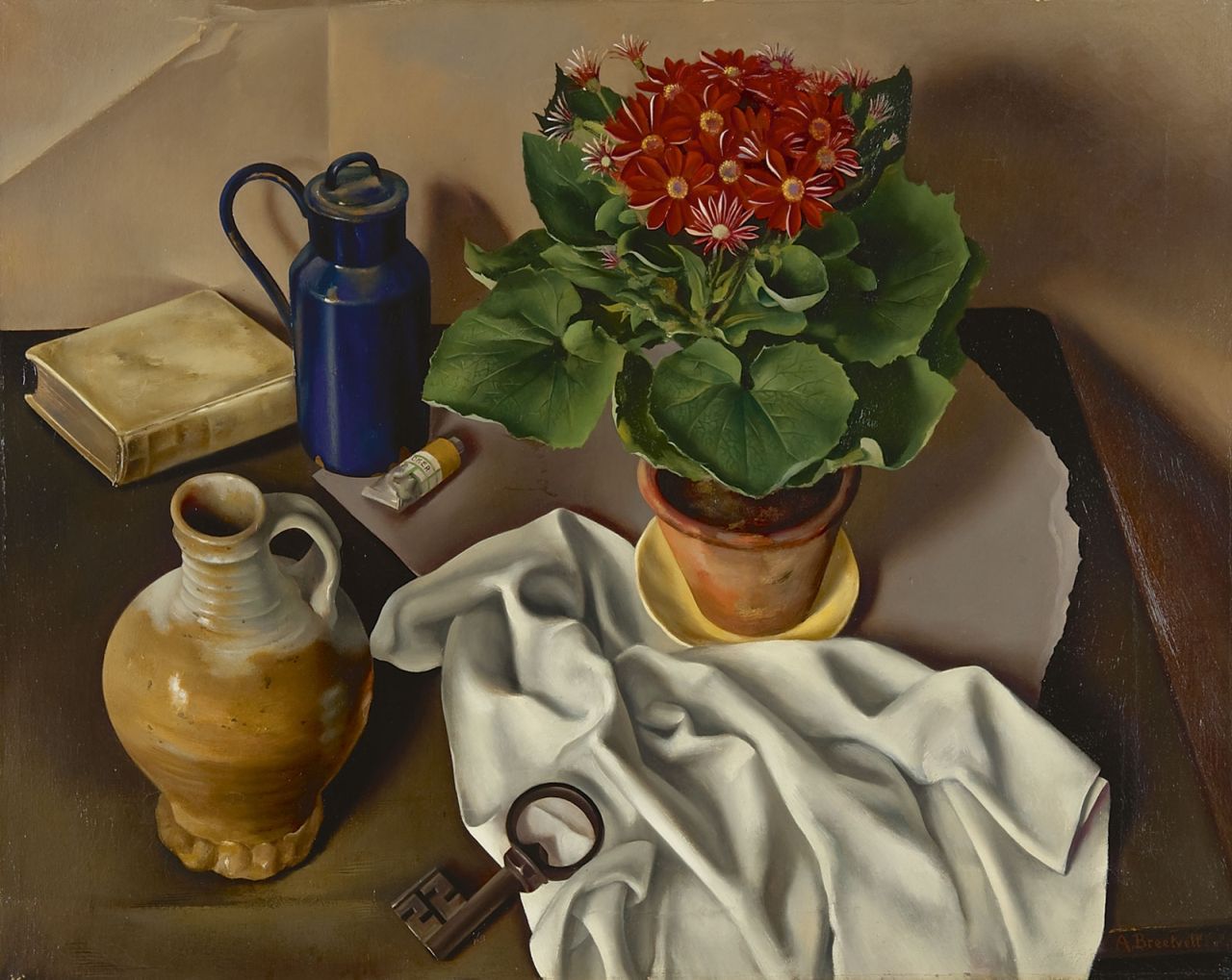 Breetvelt A.  | Adolf 'Dolf' Breetvelt, A still life with a plant, jug and key, oil on canvas 60.4 x 75.1 cm, signed l.r. and dated '22 (key)
