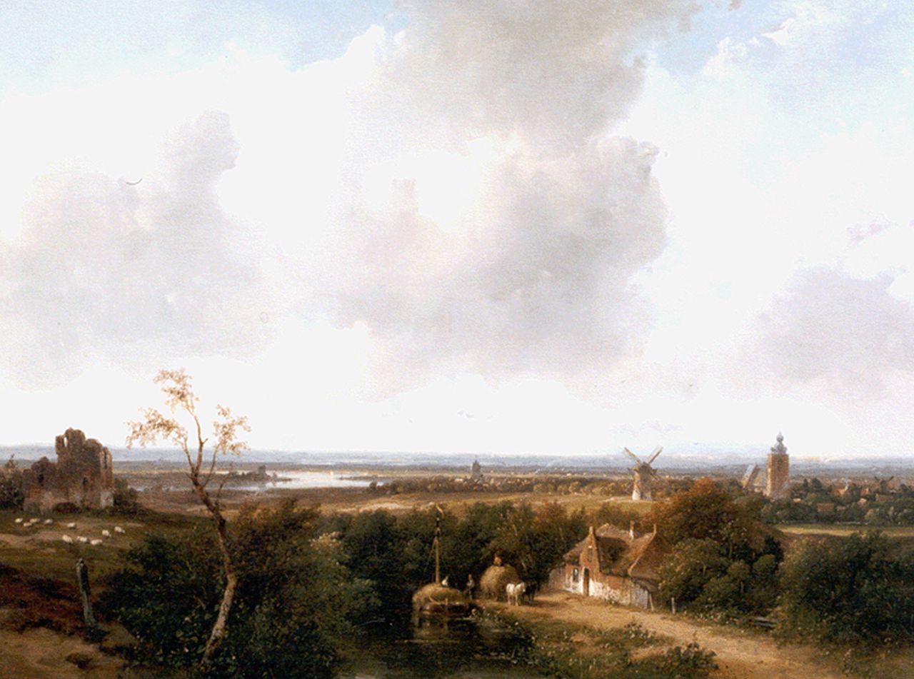 Schelfhout A.  | Andreas Schelfhout, A panoramic summer landscape with the ruin of Brederode, oil on panel 34.4 x 43.8 cm, signed l.l. and dated '59