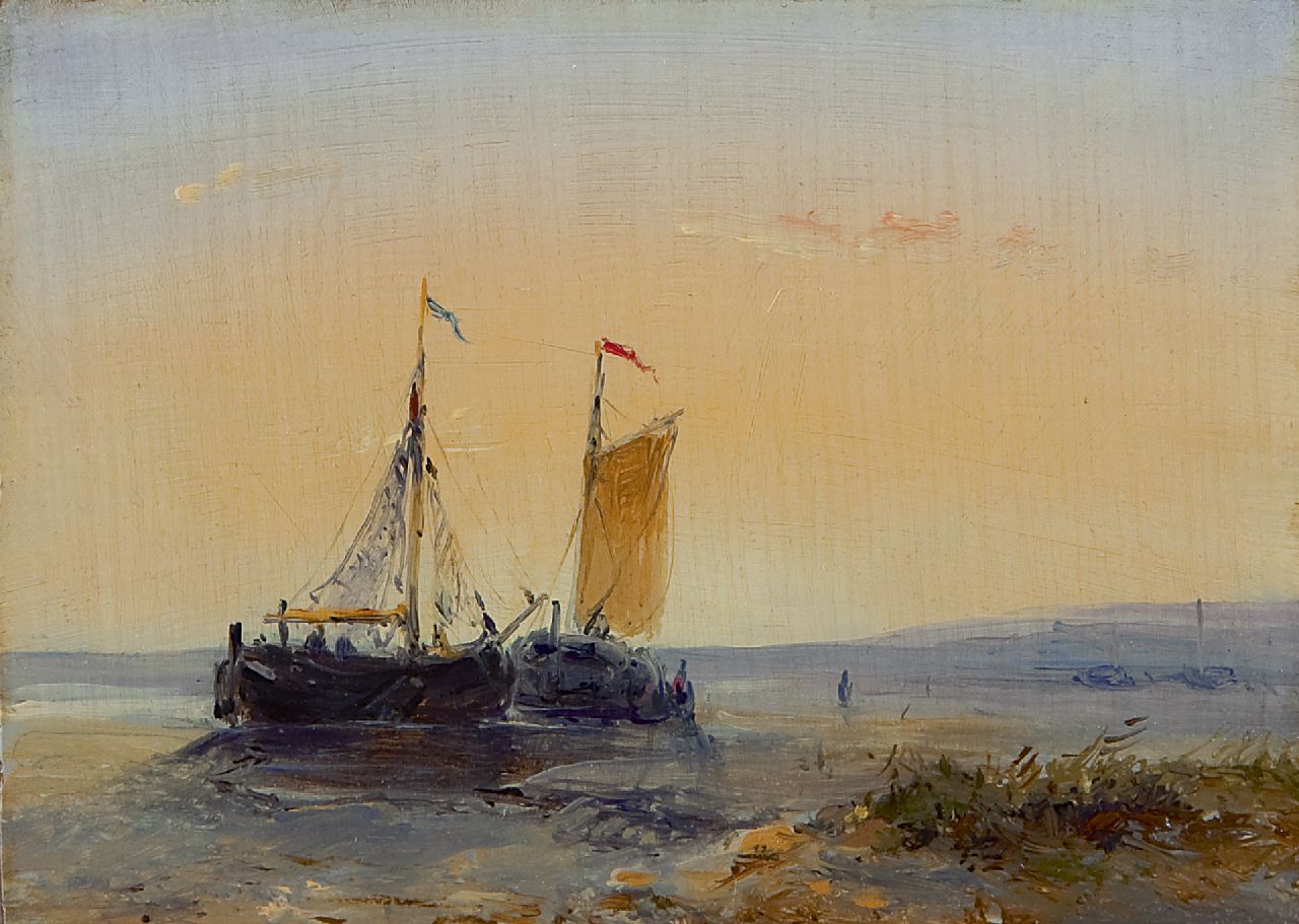 Hans J.G.  | Josephus Gerardus Hans, Two fishing vessels on the beach at sunset, oil on panel 9.0 x 12.5 cm