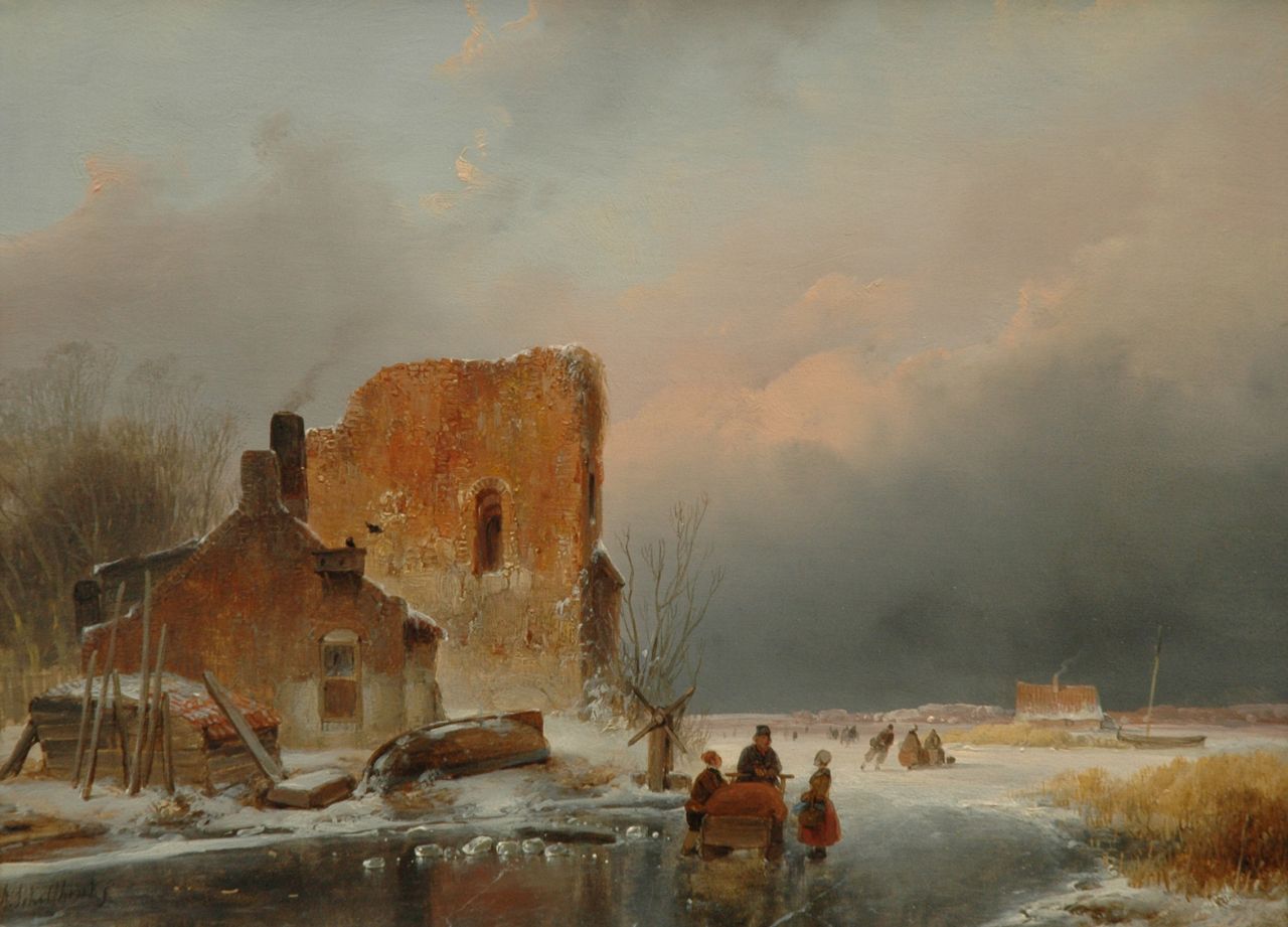 Schelfhout A.  | Andreas Schelfhout, Winterlandscape with skaters, oil on panel 27.0 x 36.0 cm, signed l.l., and with a brandmark on the reverse and dated 1839 on the reverse