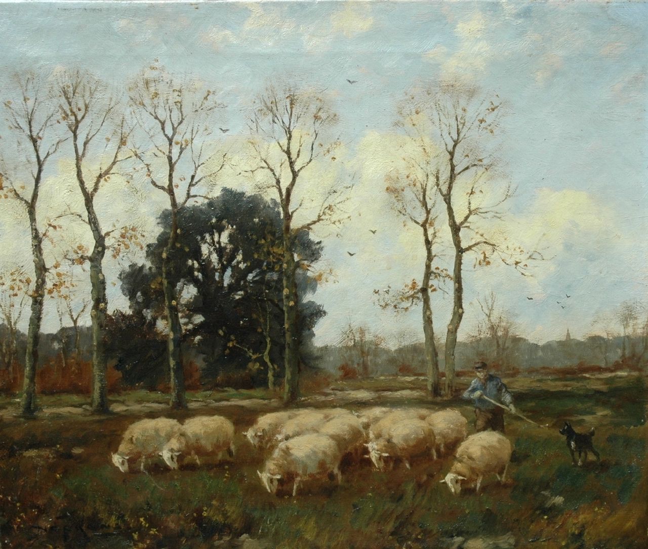 Nefkens M.J.  | Martinus Jacobus Nefkens, Shepherd with his dog and sheep, oil on canvas 50.0 x 61.0 cm, signed l.l.