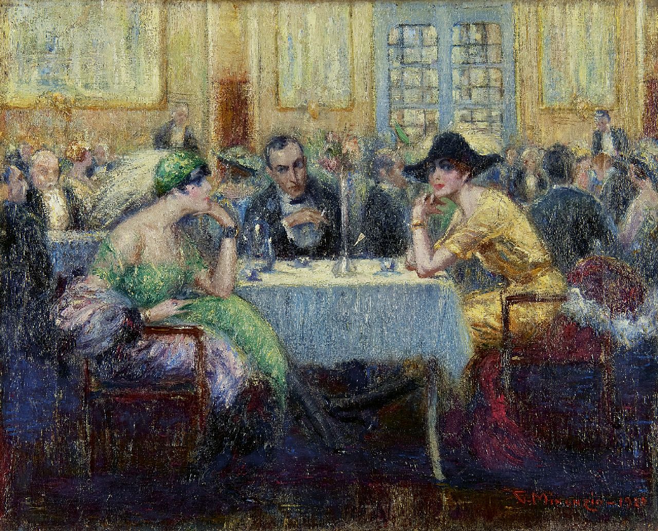 Minonzio G.  | Giuseppe Minonzio, In the Grand Café, oil on canvas 40.2 x 50.0 cm, signed l.r. and dated 1920