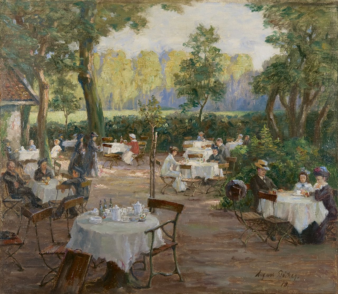 Böcher A.  | August Böcher, Afternoon in a garden café, oil on canvas 73.9 x 84.2 cm, signed l.r. and dated '18