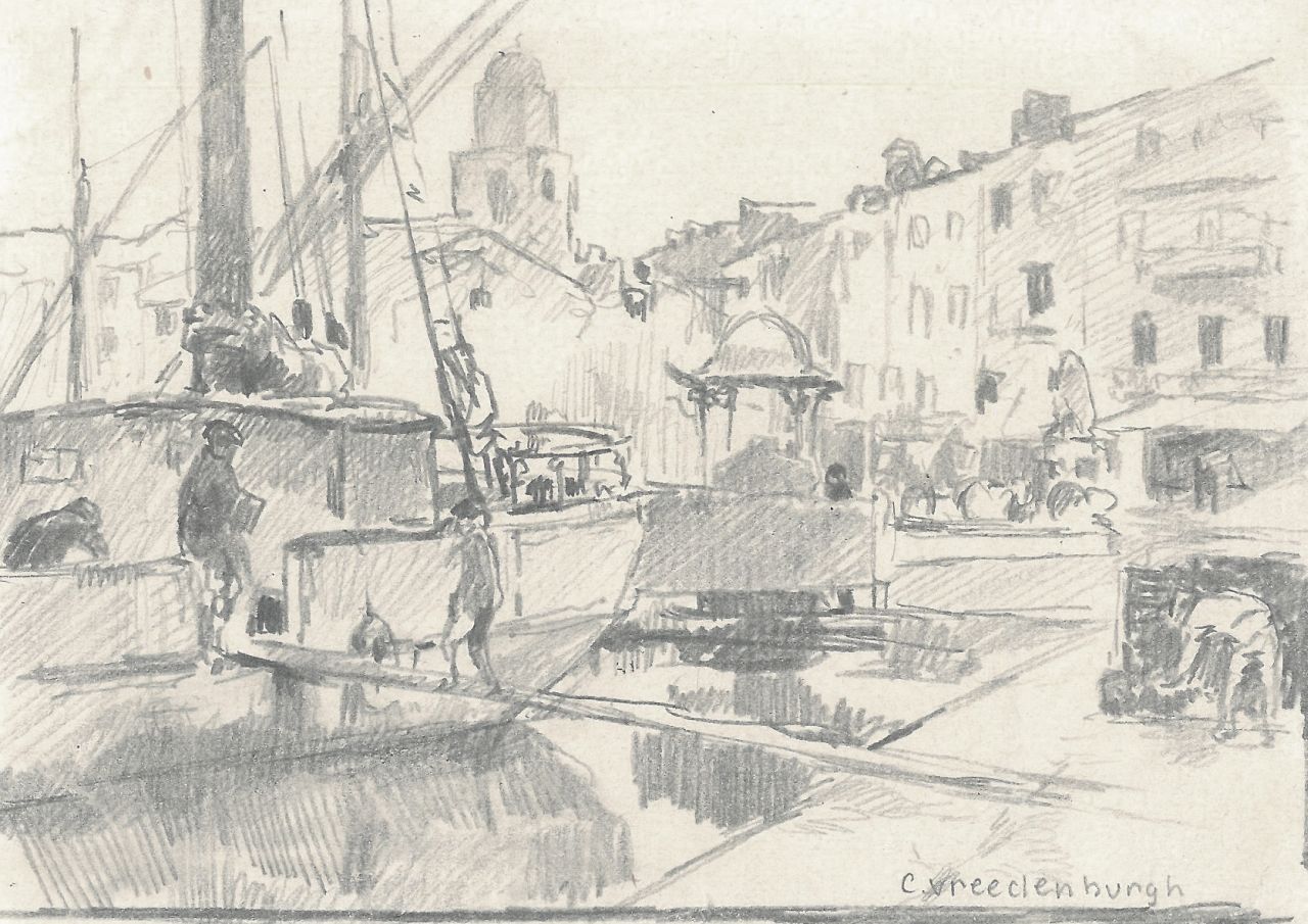 Vreedenburgh C.  | Cornelis Vreedenburgh, A view of a harbour, pencil on paper 9.3 x 14.9 cm, signed l.r.