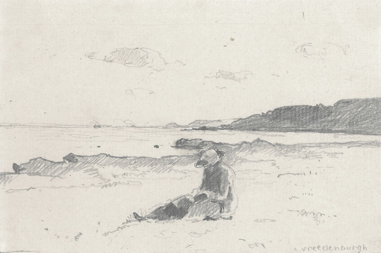 Vreedenburgh C.  | Cornelis Vreedenburgh, A woman reading on the beach, pencil on paper 9.1 x 14.0 cm, signed l.r.