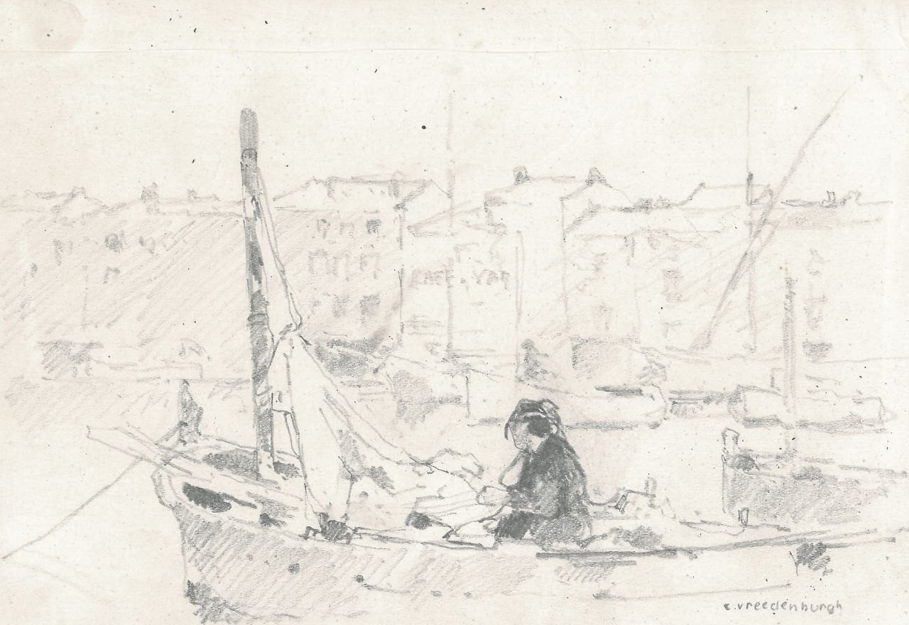 Vreedenburgh C.  | Cornelis Vreedenburgh, A fishing port, pencil on paper 12.4 x 19.4 cm, signed l.r.
