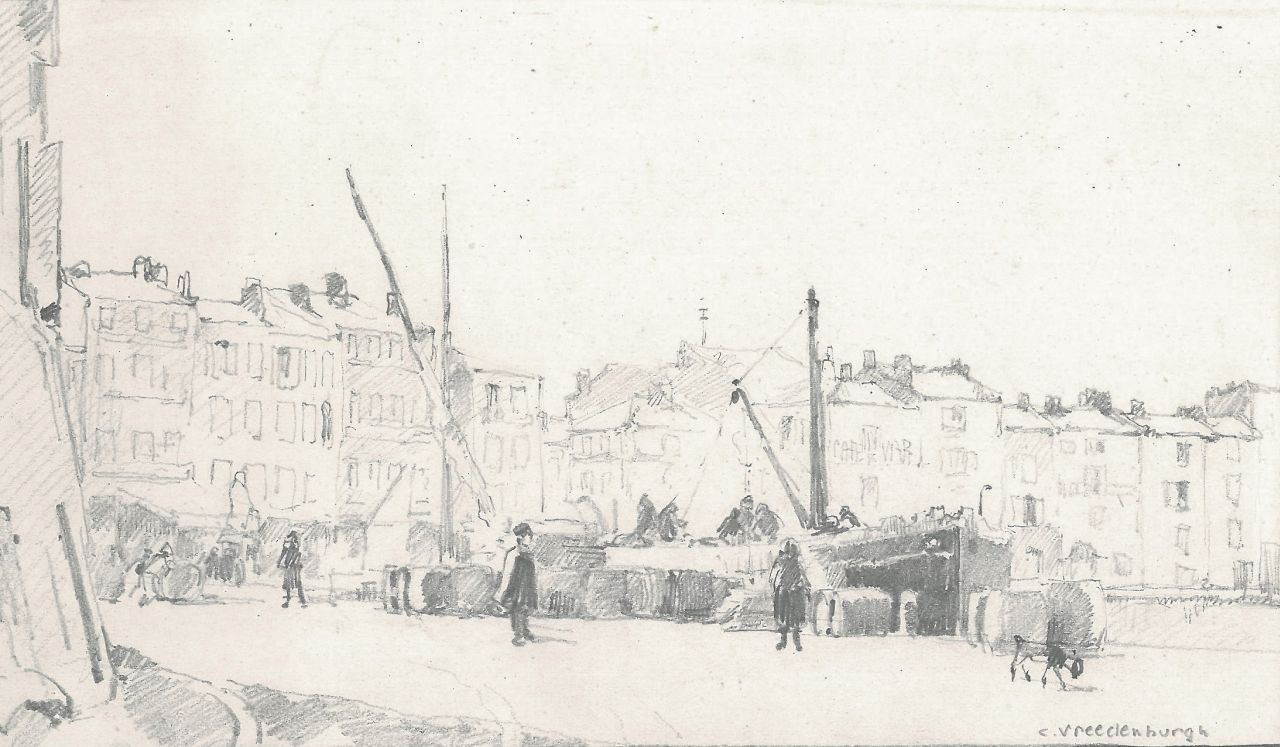 Vreedenburgh C.  | Cornelis Vreedenburgh, Loading and unloading onto the quay, pencil on paper 10.9 x 18.9 cm, signed l.r.