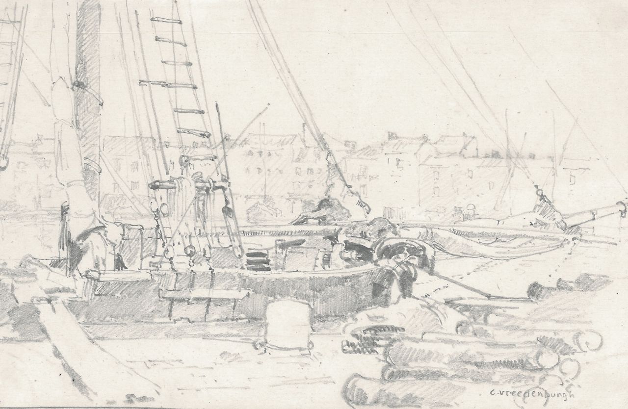 Vreedenburgh C.  | Cornelis Vreedenburgh, A cargo ship at the quay, pencil on paper 12.7 x 19.9 cm, signed l.r.