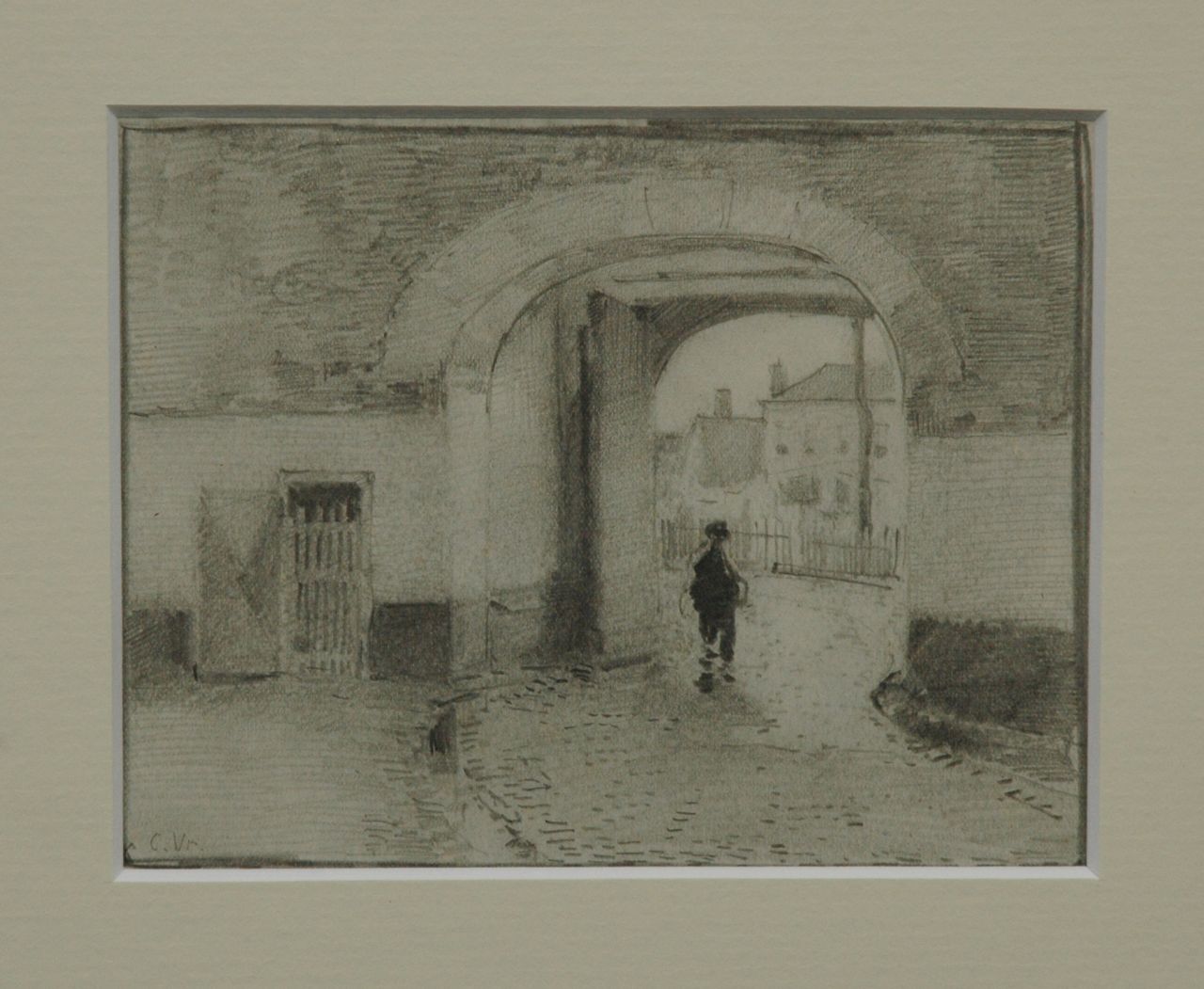 Vreedenburgh C.  | Cornelis Vreedenburgh, A figure walking through a towngate, pencil on paper 12.5 x 15.8 cm, signed l.l. with initials