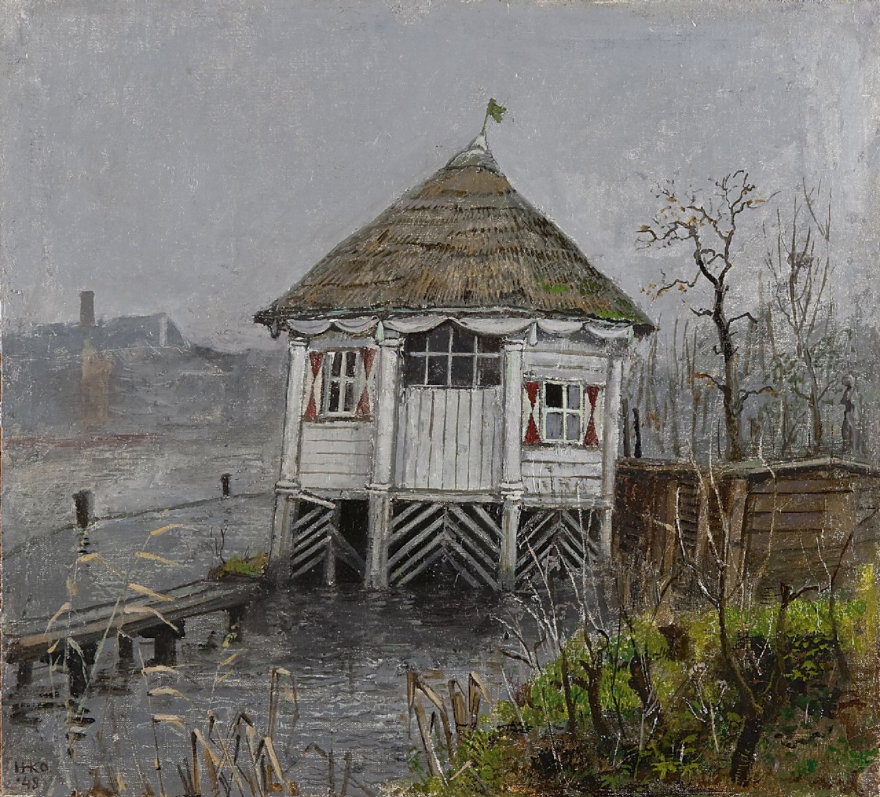 Kamerlingh Onnes H.H.  | 'Harm' Henrick Kamerlingh Onnes, A pavilion by the water, oil on canvas laid down on panel 33.1 x 36.5 cm, signed l.l. with init and in full on a sticker on the rev and dated '48