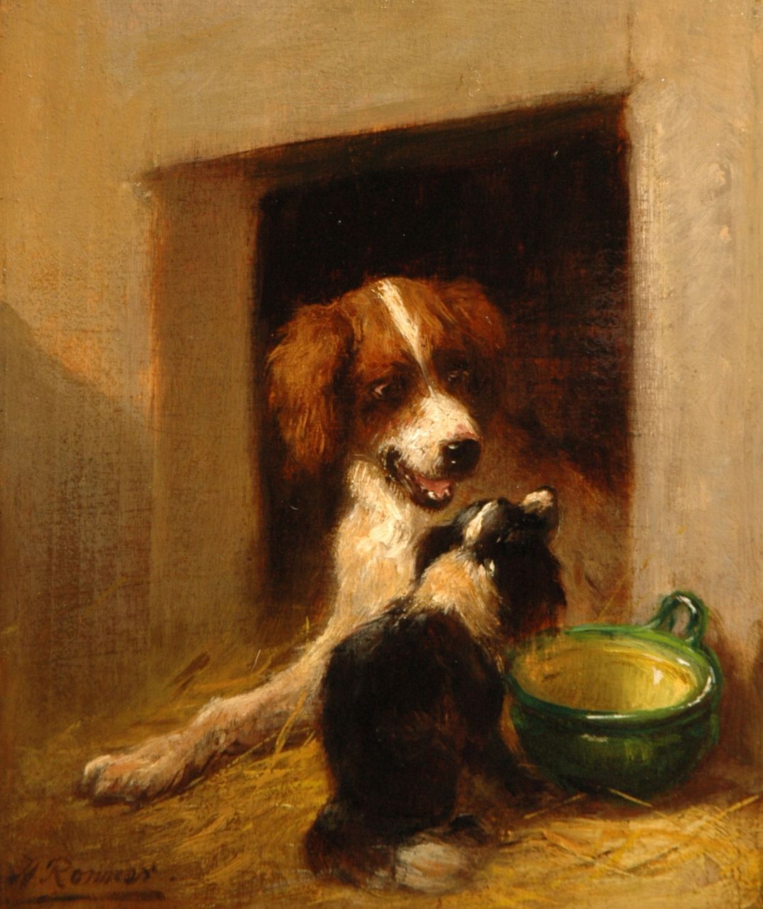 Ronner-Knip H.  | Henriette Ronner-Knip, The visitor, oil on panel 17.4 x 14.7 cm, signed l.l.