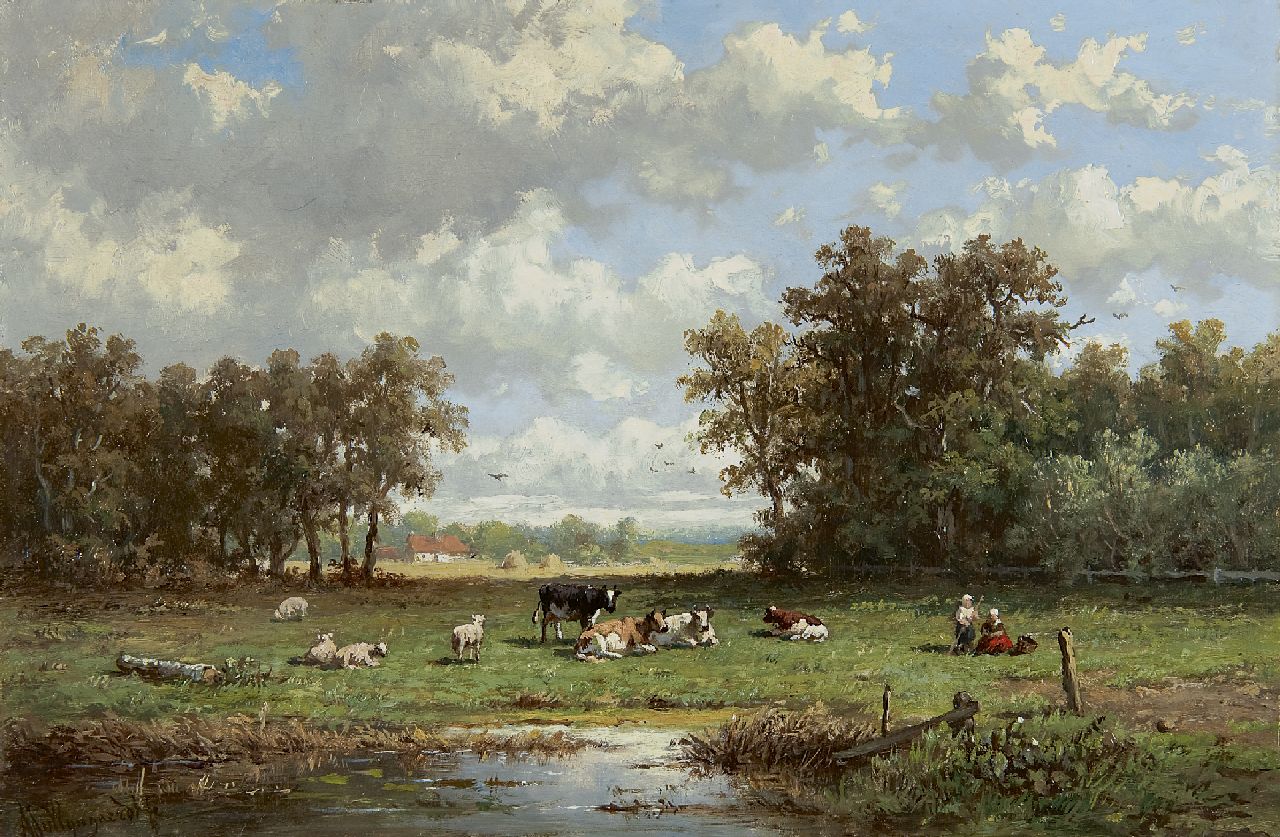 Wijngaerdt A.J. van | Anthonie Jacobus van Wijngaerdt, Landscape with cows and a shepherdess, oil on panel 23.6 x 35.7 cm, signed l.l.