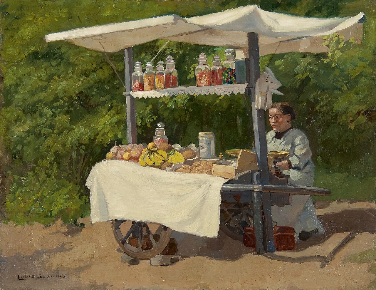 Soonius L.  | Lodewijk 'Louis' Soonius | Paintings offered for sale | Woman with a candy- and fruit cart, oil on canvas laid down on panel 34.9 x 45.3 cm, signed l.l.