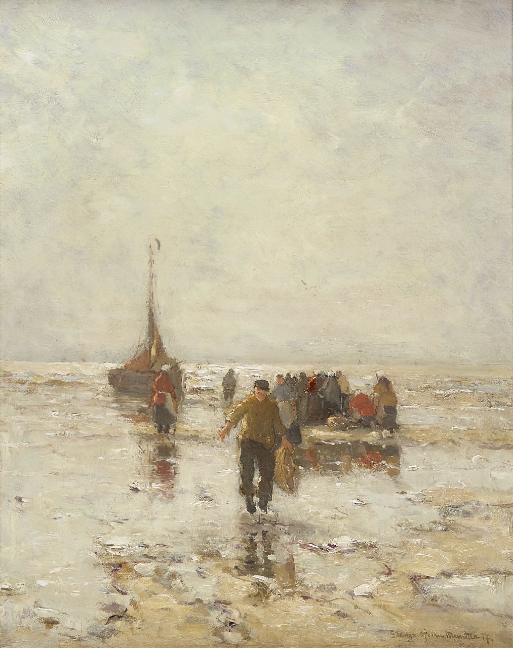 Munthe G.A.L.  | Gerhard Arij Ludwig 'Morgenstjerne' Munthe, After the day's catch by low tide, oil on canvas 51.3 x 40.5 cm, signed l.r. and dated '17