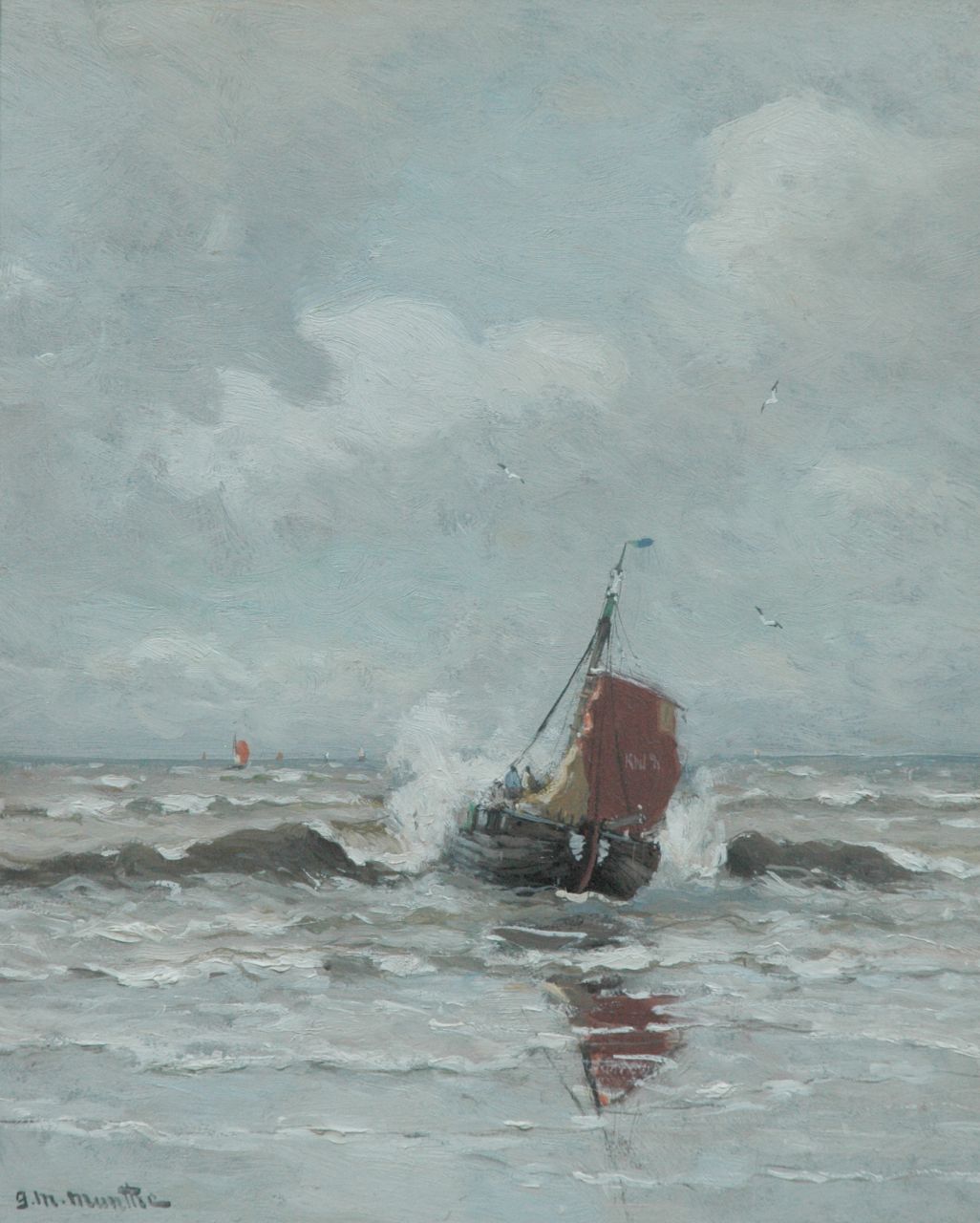 Munthe G.A.L.  | Gerhard Arij Ludwig 'Morgenstjerne' Munthe, Ship at sea, Katwijk, oil on panel 40.0 x 32.1 cm, signed l.l.