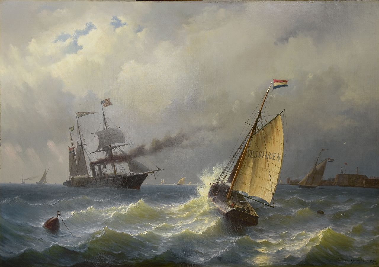 Gruijter jr. W.  | Willem Gruijter jr., Sailing ships off Vlissingen, oil on canvas 90.8 x 131.8 cm, signed l.r. in full and with monogram on the ship and dated 1870