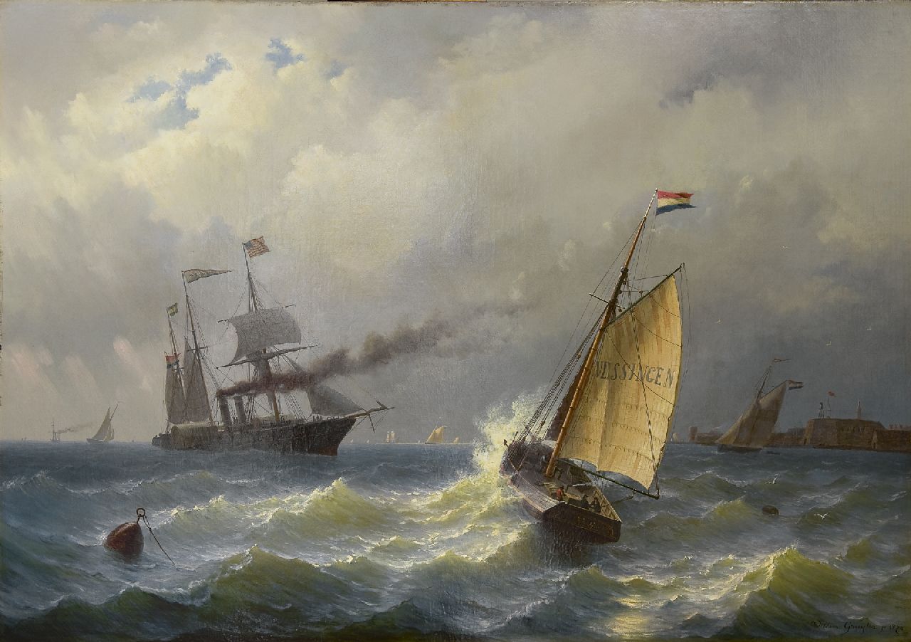 Gruijter jr. W.  | Willem Gruijter jr., Sailing ships off Vlissingen, oil on canvas 90.8 x 131.8 cm, signed l.r. in full and with monogram on the ship and dated 1870