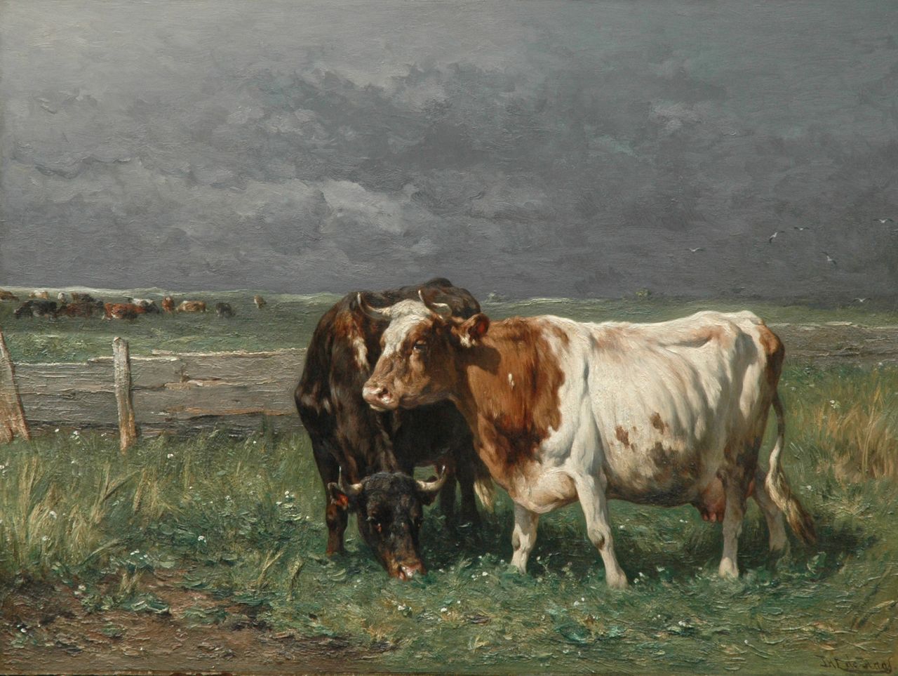 Haas J.H.L. de | Johannes Hubertus Leonardus de Haas, Cattle in a meadow, oil on panel 74.5 x 100.2 cm, signed l.r.