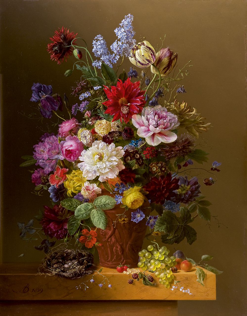 Bloemers A.  | Arnoldus Bloemers, Flowers in a terracotta vase on a marble ledge, oil on panel 104.2 x 81.4 cm, signed l.l. with monogram and dated 1839